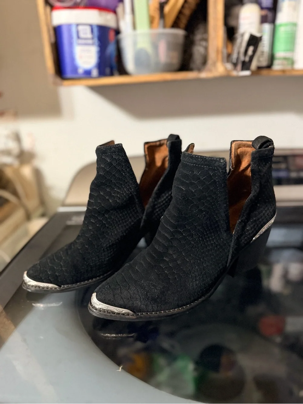 Jeffrey Campbell Cromwell Black Suede Snake Western Cutout Ankle Boots